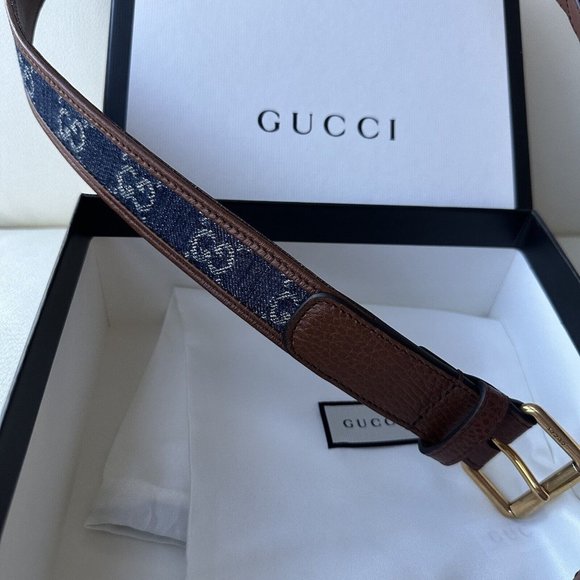 NEW GUCCI BELT 678694 GG LOGO DENIM CANVAS BROWN LEATHER BUCKLE 80 cm 32 In - Picture 6 of 8